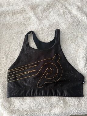 Peloton Black Sports Bra with Gold Logo and Speckled Detail Terez